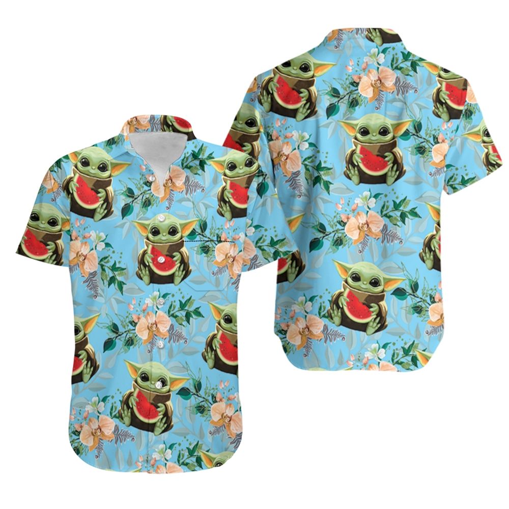 Baby Yoda Hugging Watermelons Seamless Tropical Colorful Flowers On
